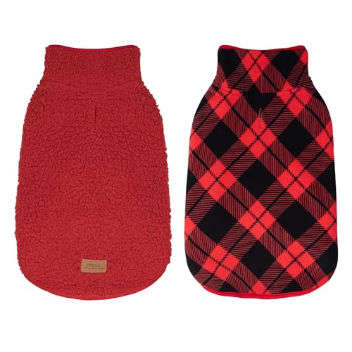 Image of cyeollo Warm Dog Coat Reversible X-Large Dog Jackets, Red Buffalo Plaid, XL | Warm Fleece Winter Sweater, Turtleneck Pet Vest, Adjustable Fit, Easy On & Off, Leash Hole for Cold Weather Outdoor Walks