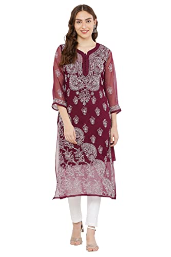 Image of FAWOMENT Women's Designer Straight Georgette Hand Embroidered Lucknowi Chikankari Kurta Designed in Side Jhaar Pattern Alongwith Slip