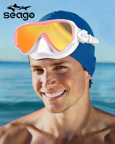 Image of Seago Adult Swim Goggles Mask Mirrored Tempered Lens, Anti UV /Fog No Blurring Clear Wide View with Nose Cover for Men Women