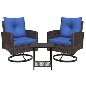 Outdoor Swivel Chairs, 3 Pieces Patio Furniture Set with 360° Wicker Swivel Rocking Chairs and Side Table, Patio Bistro Set Washable Cushions for Porch, Balcony, Deck Garden, Backyard – Blue
