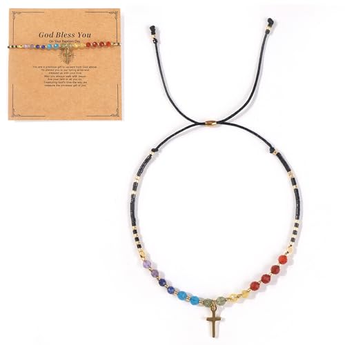 Opalencian 7 Chakra Cross Healing Crystal Beaded Black Adjustable Bracelets for Women Dainty Energy Stone Beads Friendship bracelet,Handmade Fashion Charm Jewelry Gifts