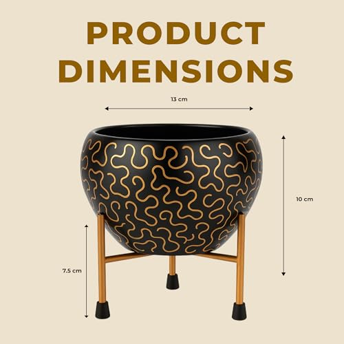 Image of Natural Earth Metal Flower Vase Planter Pot with Iron Stand | Decorative Plant Cachepot for Indoor & Outdoor Use | Succulent Pot for Home & Garden Decor (Black Golden Wave)
