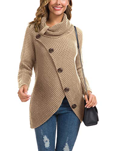 Grecerelle Women's Casual Turtle Cowl Neck Asymmetric Hem Wrap Pullover Chunky Button Knit Sweater Khaki-Medium #TOP2