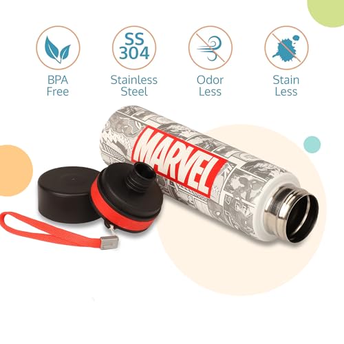 Image of SKi Homeware ALIA Premium Stainless Steel Sipper Bottle for Kids | 3D Disney Touch & Feel Print | Wide Mouth + Sipper | BPA-Free, Odorless | 900ml | Leak-Proof | Carrying Sling | Marvel