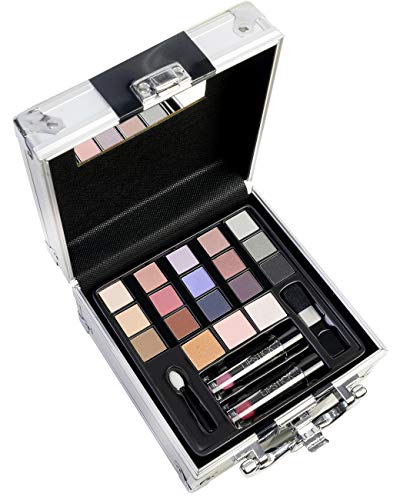 The Color Workshop - Travel in Colour Makeup Case - Fashion Train Case with Complete Professional Makeup Kit for Eyes, Face and Lips - Makeup Gift Set for Girls, Teenagers and Women - Beauty Case