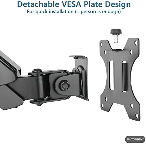 PUTORSEN Monitor Arm Wall Mount Bracket for 17-32 inch Monitor & Small TV, Height Adjustable Gas Spring Single Wall Monitor Arm, Tilt Swivel Rotate, Load Weight 2.2 to 19.8lbs, VESA 75x75 / 100x100 mm