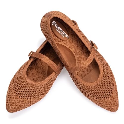 Frank Mully Women's Mesh Flats Mary Jane Shoes Pointed Toe Lightweight with Adjustable Instep Strap Knit Flat Shoes for Women Dressy Casual Washable Walking Shoes Tan by Frank Mully - Used condition - Image 7