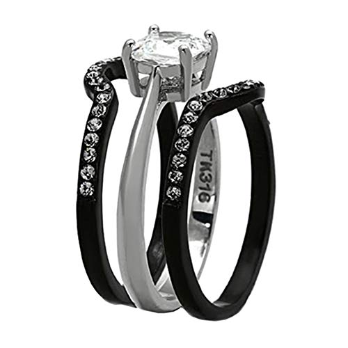 Mabella His & Hers 4 Pcs Black Men's Titanium Matching Band& Women's Stainless Steel Cushion Cut Wedding Engagement Bridal Ring Sets,Women's Size 8 Men's Size 10 #TOP2
