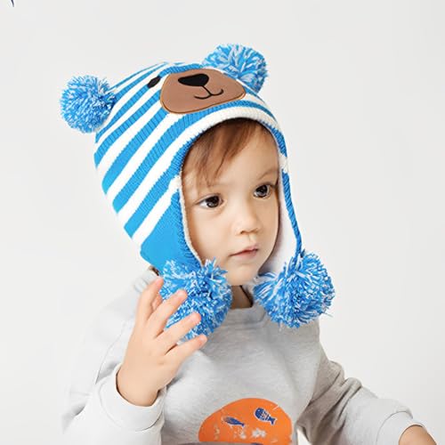 Baby Winter Hat Cute Bear Earflap Beanie Warm Fleece Lining Knit Cap Windproof Ear Protection Cap for Kids Age 0-33