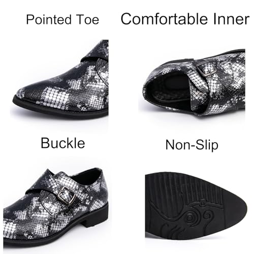 Mens Retro Snakeskin Leather Slip-On Buckle Monk Dress Shoes Pointed Toe Low Chunky Heels Non-Slip Casual Shoes for Formal Business Wedding2