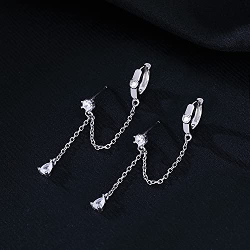 SLUYNZ Sterling Silver Double Piercing Earrings - Huggie Hoops with Chain, Droplet Dangle Design for Women4