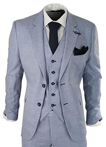 Mens 3 Piece Suit Light Blue Summer Linen Tailored Fit Wedding Prom Classic3