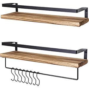 LifeGoods Zwevende Houten Wandplank Set met Handdoekhouder en 8 Haakjes | 2 Stuks | Industrieel | Geschikt voor Keuken…