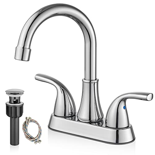 Gotonovo Chrome Polished 2 Hole Bathroom Sink Faucet 4 Inch Centerset Lavatory Mixer Tap Deck Mount 2 Handles With Pop Up Drain And Water Supply Lines cover