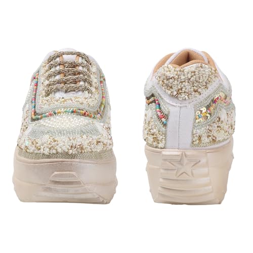 Image of LENSBURY Women Hand Embroidery Wedding Party Bridal Floral High Heel Sneakers I Cushioned Insole I Comfortable Wear Wedge Shoes I for Ladies and Girls LBCNV4037
