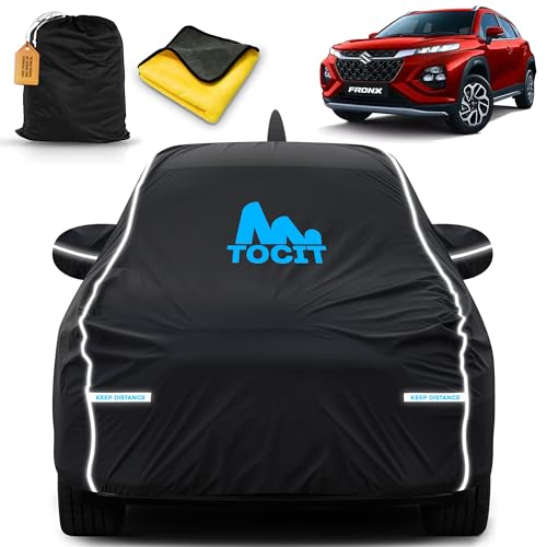 Image of Fronx Waterproof Long Life Car Cover with Safety Glow Reflective Strap, Premium Stretchable Velvet Velour Fabric, Machine Washable, Tri-Stitch Custom Fit with Mirror & Antenna Pocket