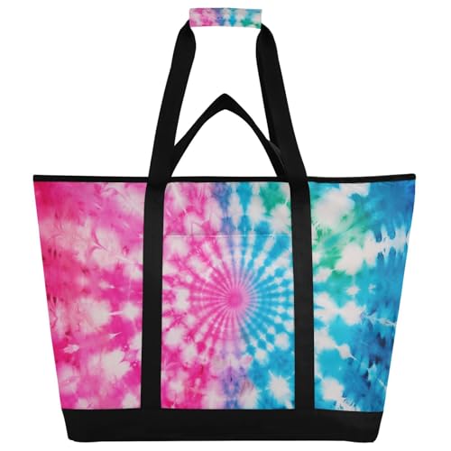 Green Blue Tie Dye Large Insulated Tote Bag for Grocery Shopping Reusable Tote Bags for Women Men, Cooler Bag with Zippered Top & Handles for Beach Picnic Travel
