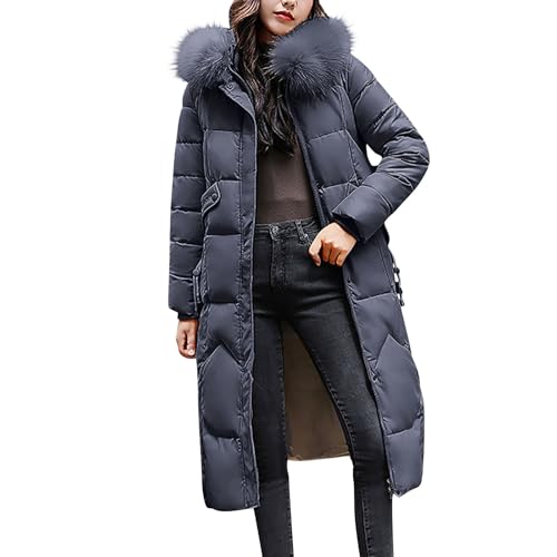 Mrat Puffer Coat for Women UK Longline Padded Maxi Down Coats with Faux Fur Hood Winter Warm Thickened Quilted Parka Jacket Ladies Windproof Long Overcoat Loose Fit Windbreaker Jackets Outerwear M-4XL