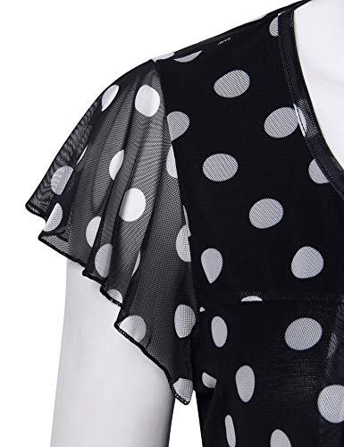 Furnex Blouse For Women, Women Tunic Tops For Leggings Flutter Sleeve Tops Fop Women Business Casual Dressy Tunics For Women Short Sleeve Blouses Mesh Layered Tops Work Black Polka Dot Medium #TOP3