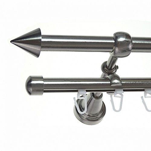 BASIT Rohr + Innenlauf Gardinenstange Wandmontage 2 läufig 160cm lang Edelstahl Look Metall Gardinenstange 2 läufig Wandbefestigung Ø16mm I H14+I