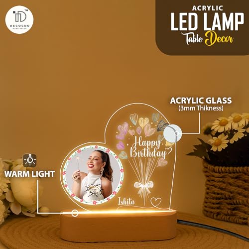 Image of Personalized Happy Birthday LED Night Light with Photo - Custom Gift for Him or Her - Acrylic Lamp with Name and Picture - Birthday Gift for Men, Women, Friends, Decor Table Lamp for Bedroom