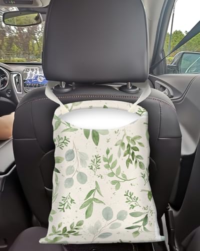 Image of Car Trash Can, Seat Back Hanging Car Trash Bag, Cute Canvas Car Garbage Bag, Essential Car Trash Bin Car Organizers Green Leaf Floral