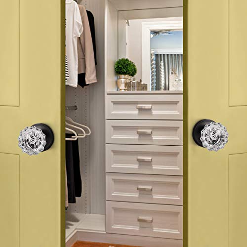 Knobelite (2 Pack Diamond Crystal Glass Interior Door Knobs Non-Locking,Dummy Door Knobs For French Doors,Round Crystal Glass Keyless Door Knobs Interior,Dummy Function,Matte Black #TOP2