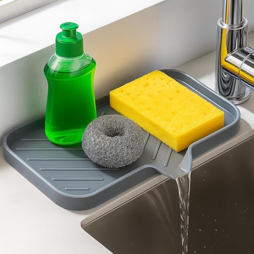 Image of HROY ilicone Kitchen Sink Mat & Organizer - Fast-Drying Faucet Drip Pad | Non-Slip Sink Tray for Soap, Sponge & Scrubber Storage (25 * 13 cm)