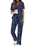 Famulily Womens Pyjamas Set V-Neck Tops with Elastic Waist Straight Leg Pants Summer Matching Pjs Dark Blue L