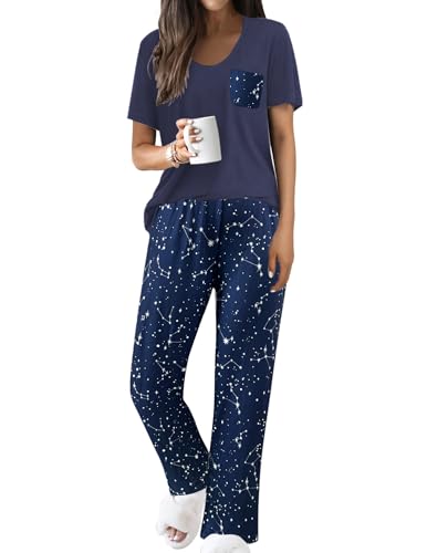 Image of Famulily Womens Pyjamas Set V-Neck Tops with Elastic Waist Straight Leg Pants Summer Matching Pjs Dark Blue L