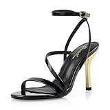 GENSHUO Women’s Strappy Heels, Stiletto High Heeled Sandals Open Toe Ankle Strap, Dressy Heels for Party Wedding Evening Black Patent Size 8