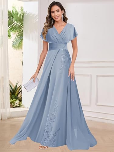 Mother of The Bride Dresses for Women Short Sleeve V Neck A Line Appliques Flowy Chiffon Long Formal Dress4