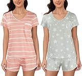 YIJIU 4 Piece Womens Pajamas Set Summer Sleepwear Short Sleeve 2 Pack Soft Pjs Loungewear Set Fashion Nightwear,Pink Gray,XXL