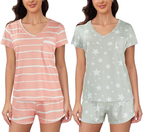YIJIU 4 Piece Womens Pajamas Set Summer Sleepwear Short Sleeve 2 Pack Soft Pjs Loungewear Set Fashion Nightwear,Pink Gray,XXL