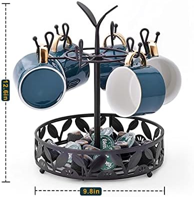 Ouseen Coffee Mug Holder with Coffee Pod Basket Storage, Rotatable 6-Capacity Cup Mug Holder Tree, Coffee Counter Bar Accessory & Kitchen Organizer