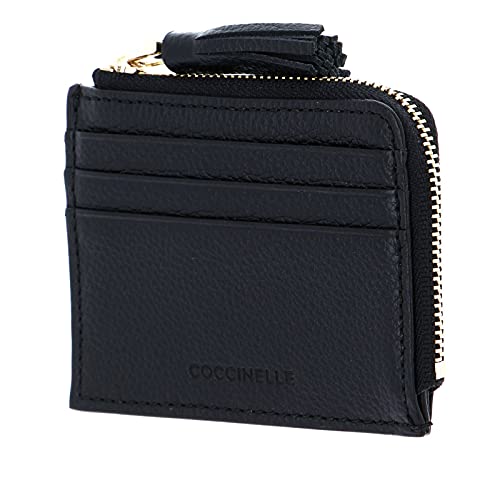 Étui pour carte de crédit Coccinelle en cuir noir avec pompon élégant et compact