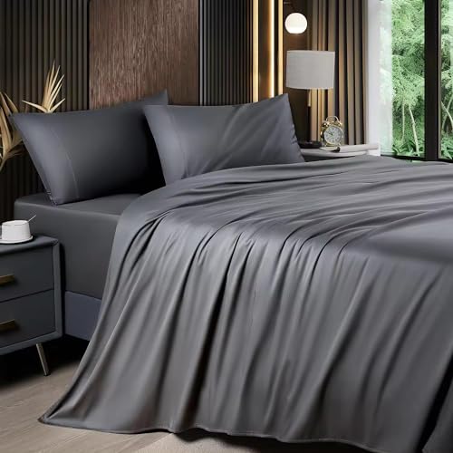 FabGoods Limited Bamboo Bedding Set, 4 Pieces - Duvet Cover, Fitted Sheet and 2 Pillowcases, 300 Thread Count (Charcoal, Double)