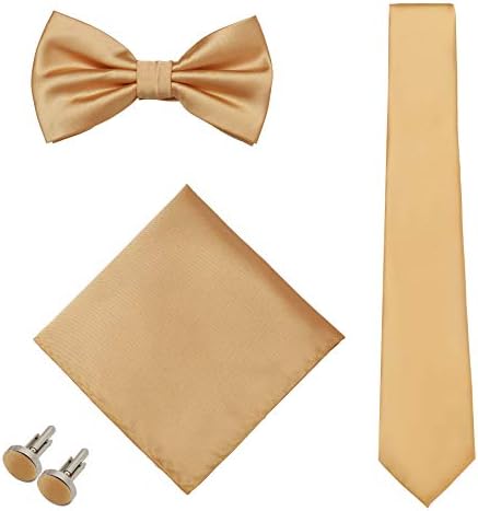 Luxury Bundle Set Tie Bow Tie Cufflinks Pocket Square (Gold)