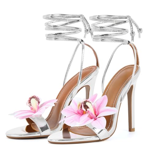 Richealnana Women's Lace Up Strappy Floral Open Toe Stiletto Heels For Party Prom Dressy Sandals