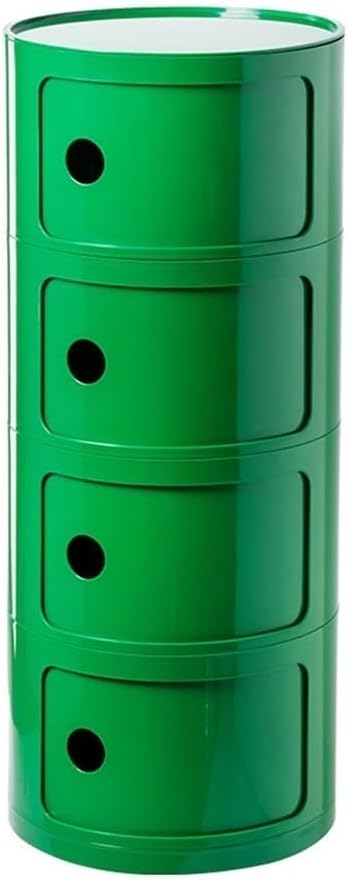 Narrow Dark Green Nightstand 4 Tier Round Bedside Table with Storage Drawers & Sliding Door Stylish Plastic Side Table for Bedroom & Living Room