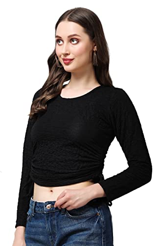 Image of POPWINGS Casual Self Design Regular Fit Polyester Full Sleeves Crop Tops for Women with Crush String