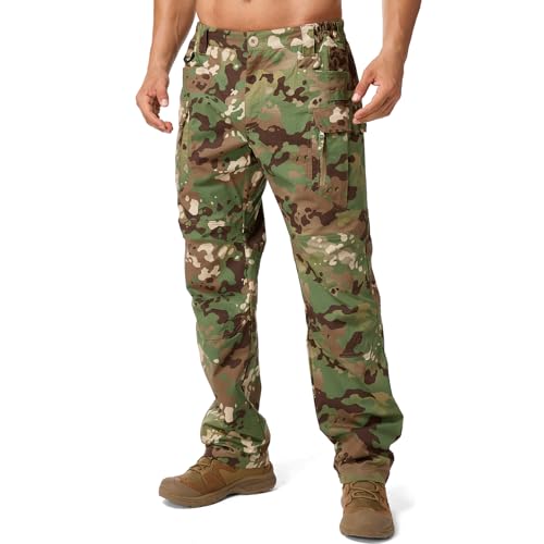 Mens Cargo Tactical Pants Cotton Water Resistant Ripstop Flex Stretch BDU Outdoor Hiking Work Pants for Men (9929 Green camo 38)
