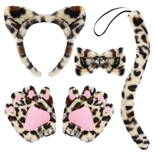 XEPST Ensemble de Costumes Léopard Animal,Oreilles et Queue de Léopard Serties d'un Bandeau Léopard et de Pattes de Nœud Papillon de Queue pour la Fête de...