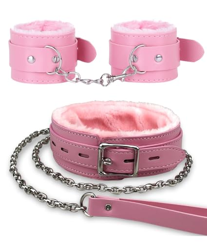 Gothic Plush Leather Collars Choker with Chain Detachable Leash Rope Small Pet Collar (Pink)