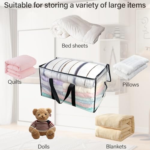 Pavlleen 4 Stück 90L Große Aufbewahrungstasche mit Deckel,Transparente Plastik Aufbewahrungstasche,mit Reißverschlüssen Griff,wasserabweisend,für Bettdecken,Kleideraufbewahrung,Hausbedarf