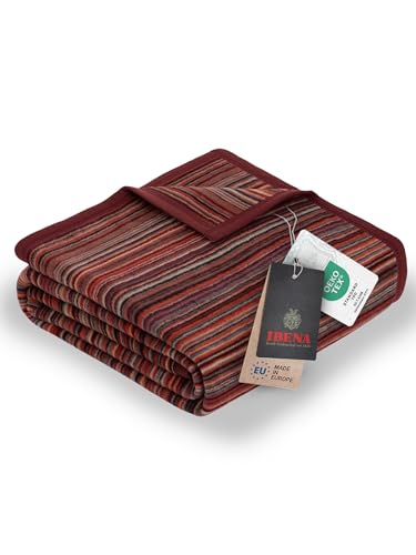 Ibena Malang Wolldecke 150x200 cm - Baumwollmix weich, warm & waschbar, Kuscheldecke Streifen rot grau