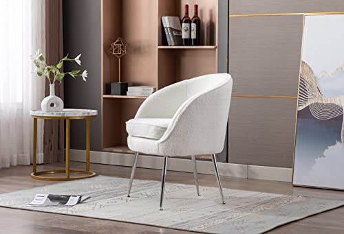 Yoluckea Modern Accent Chair Soft Faux Fur Armchair With Silver Legs, Comfortable Club Chair Reading Chair Bedroom Chair Teddy Fabric Upholstered Living Room Arm Chairs, Silver Legs, Ivory White #TOP3
