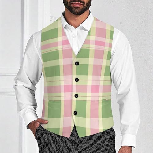 Green Pink Plaid Men's Suit Vests Dress Vest V-Neck Waistcoat Slim Business Formal with Pocket2