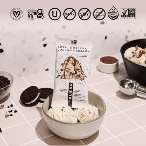 Image of TRUBAR Vegan Protein Bars, Chocolate Covered Cravings Variety Pack, Peanut Butter, Cookies & Cream, & Cookie Dough, Gluten Free, Plant Based, High Fiber, Dairy Free, On the Go Healthy Snacks, 12 Count