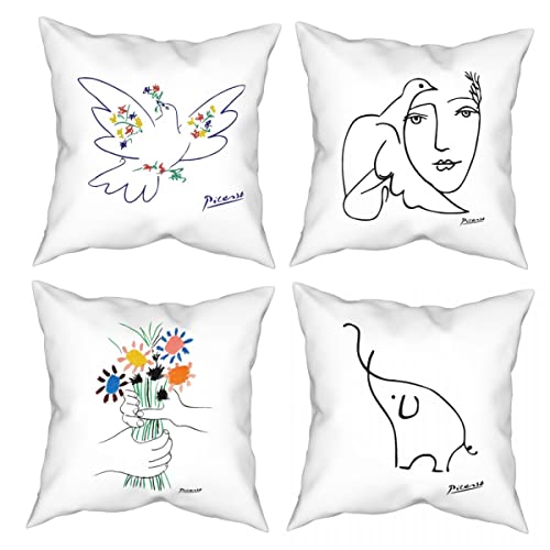 クッションカバー 4枚セット 45×45cm ピカソ 花と鳩 座布団カバー 正方形 装飾枕カバー 肌触り良い かわいい 椅子 車内 家庭用 雑貨 おしゃれ 部屋飾り インテリア プレゼント 隠す式ファスナー